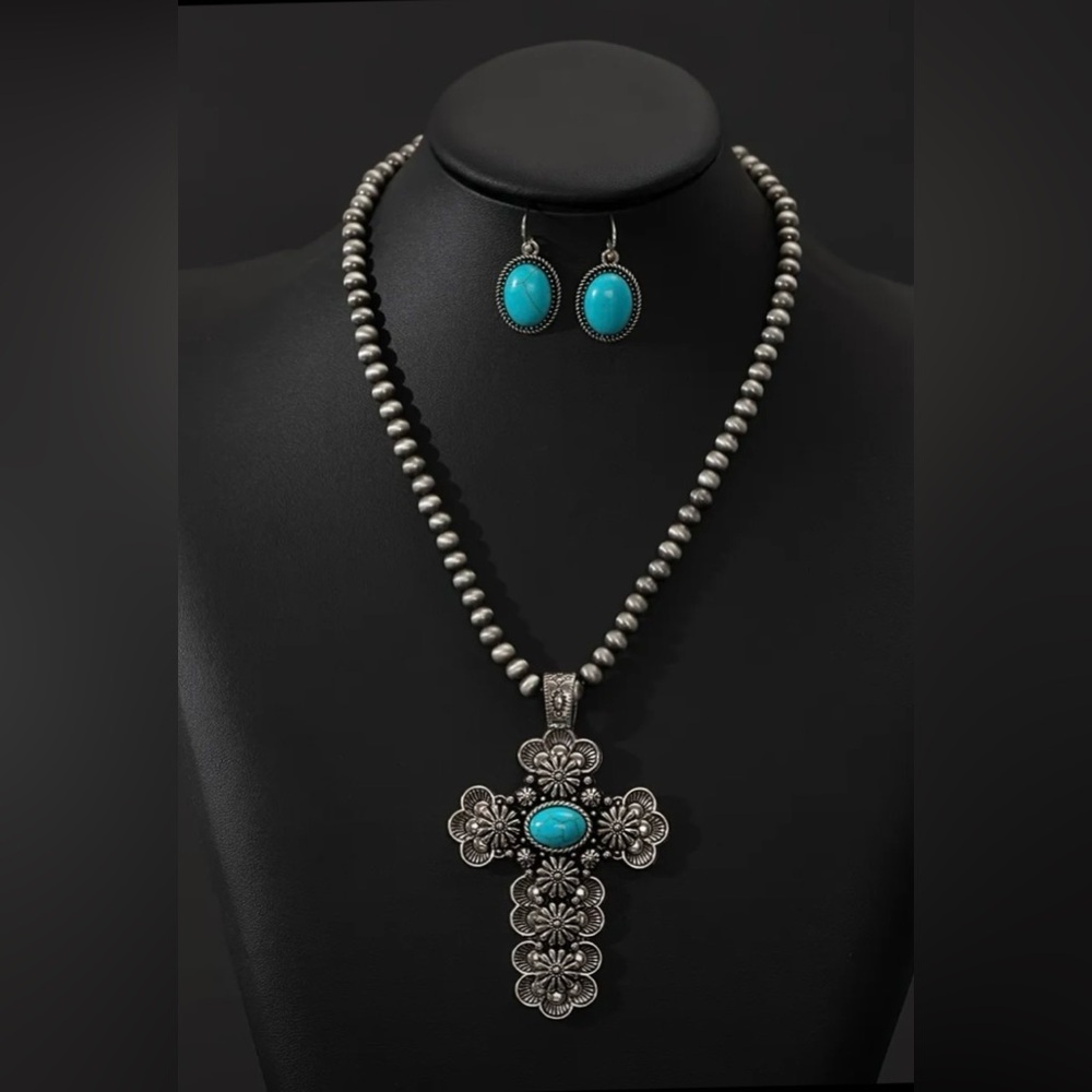 Southwest Faux Navajo Pearl Faux Turquoise Cross Earrings Beaded Necklace Set - Picture 5 of 9